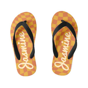 Retro Orange Warped Checker Board Custom Name Kid's Flip Flops
