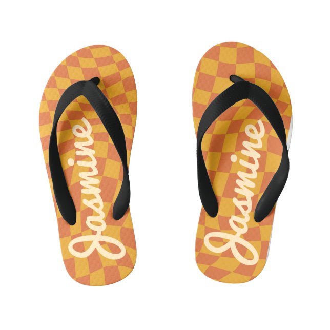 Retro Orange Warped Checker Board Custom Name Kid's Flip Flops (Footbed)