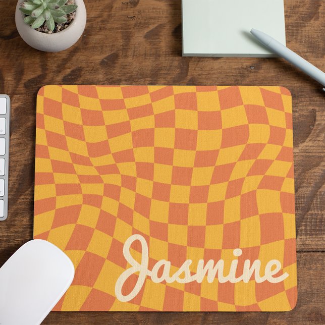 Retro Orange Warped Checker Board Custom Name Mouse Pad (Creator Uploaded)