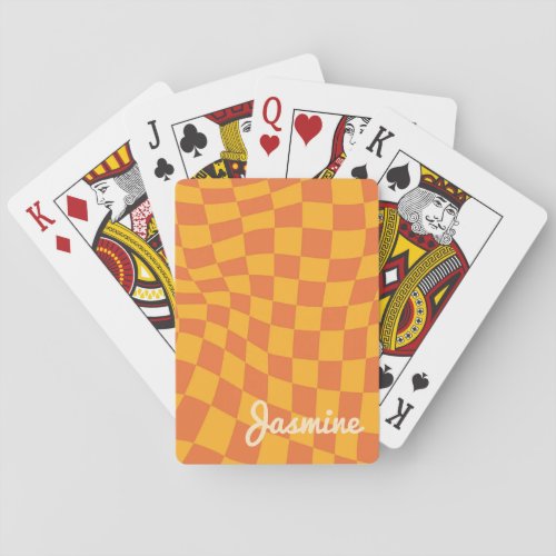 Retro Orange Warped Checker Board Custom Name Playing Cards
