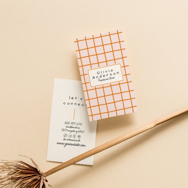 Retro Orange Wavy Checkered Trendy Boho Funky Business Card (Creator Uploaded)