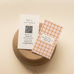 Retro Orange Wavy Checkered Trendy Boho QR Code Business Card