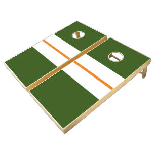 Retro Orange White Racing Stripes On Forest Green Cornhole Set