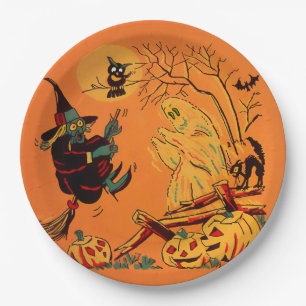 Retro Orange Witch Halloween  Paper Plates