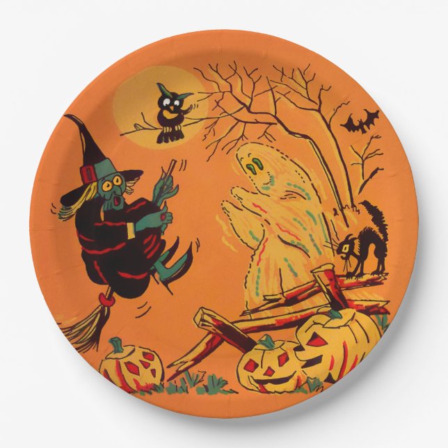 Retro Orange Witch Halloween  Paper Plates (Front)