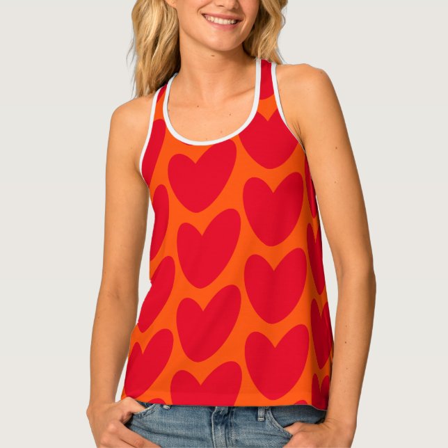 Retro Orange with Groovy Red Hearts Tank Top (Front)