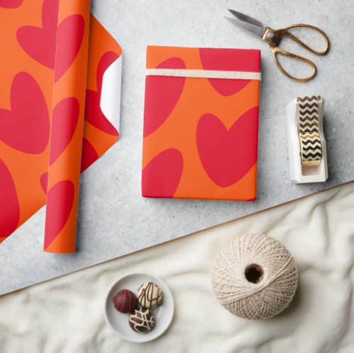 Retro Orange with Groovy Red Hearts Wrapping Paper