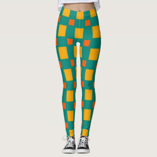 Retro Orange Yellow Blue Squares Pattern Leggings