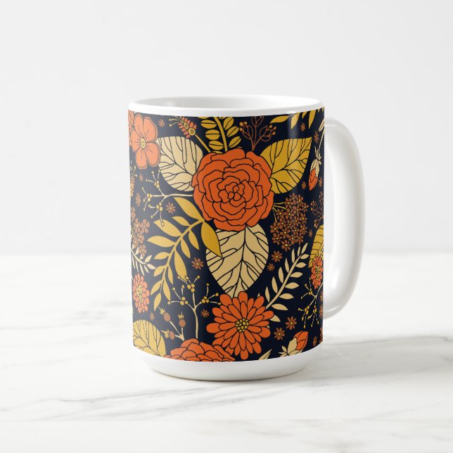 Retro Orange, Yellow, Brown, & Navy Floral Pattern Coffee Mug (Front Right)
