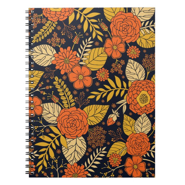 Retro Orange, Yellow, Brown, & Navy Floral Pattern Notebook (Front)