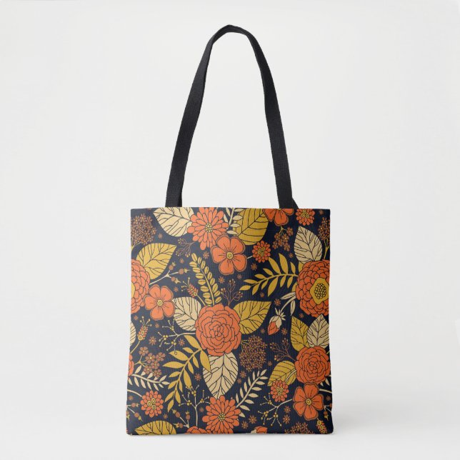 Retro Orange, Yellow, Brown, & Navy Floral Pattern Tote Bag (Front)