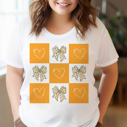 Retro Orange Yellow Coquette Bow Heart Checkered T-Shirt