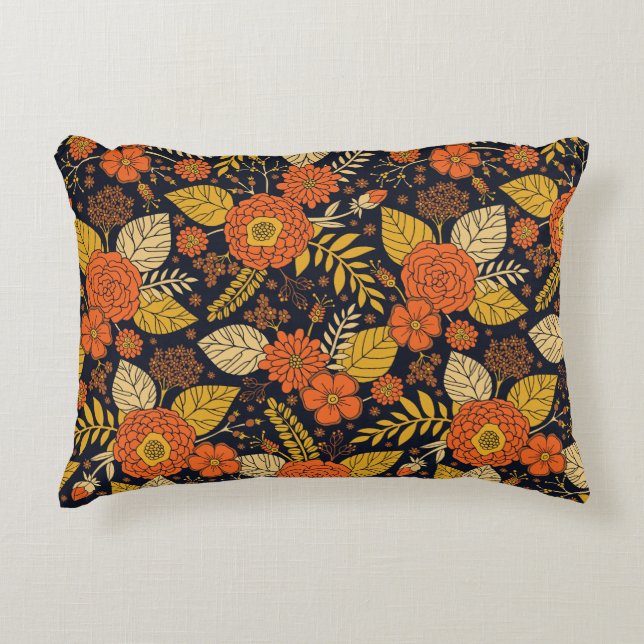 Retro Orange, Yellow & Navy Floral  Accent Pillow (Front)