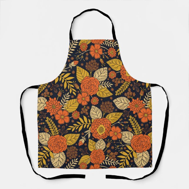 Retro Orange, Yellow & Navy Floral  Apron (Front)