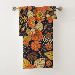 Retro Orange, Yellow & Navy Floral  Bath Towel Set