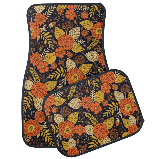 Retro Orange, Yellow & Navy Floral  Car Floor Mat (Set)