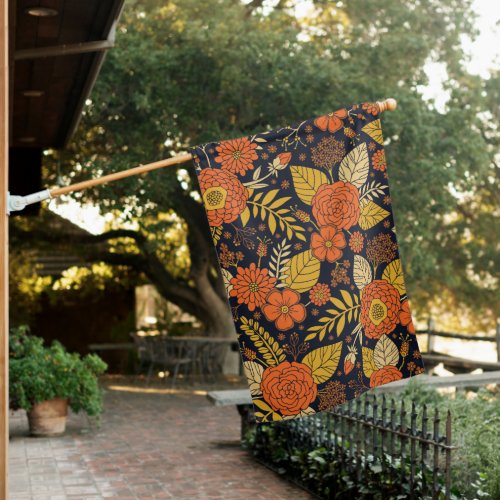 Retro Orange Yellow  Navy Floral  House Flag