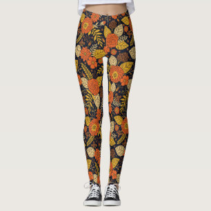 Retro Orange, Yellow & Navy Floral Leggings