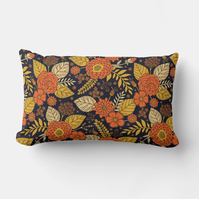 Retro Orange, Yellow & Navy Floral  Lumbar Pillow (Front)