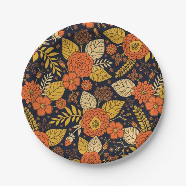 Retro Orange, Yellow & Navy Floral  Paper Plates (Front)