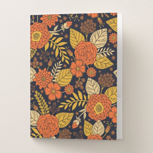 Retro Orange Yellow  Navy Floral  Pocket Folder