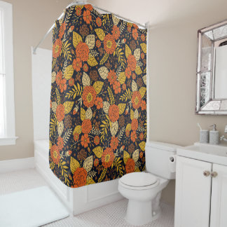 Retro Orange, Yellow & Navy Floral  Shower Curtain