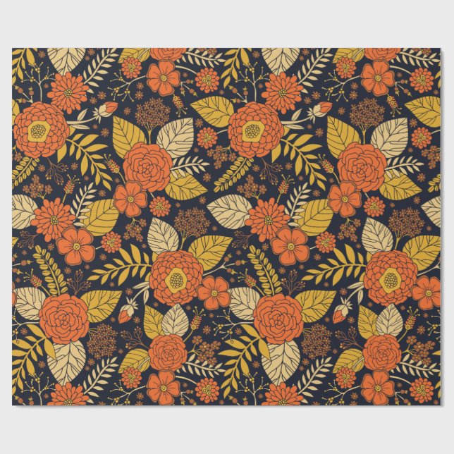 Retro Orange, Yellow & Navy Floral  Wrapping Paper (Flat)