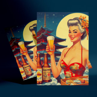 Retro Oriental Beer Girl Postcard