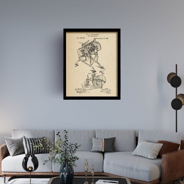 Retro original patent for printing press wall art (Retro original patent for printing press framed art)