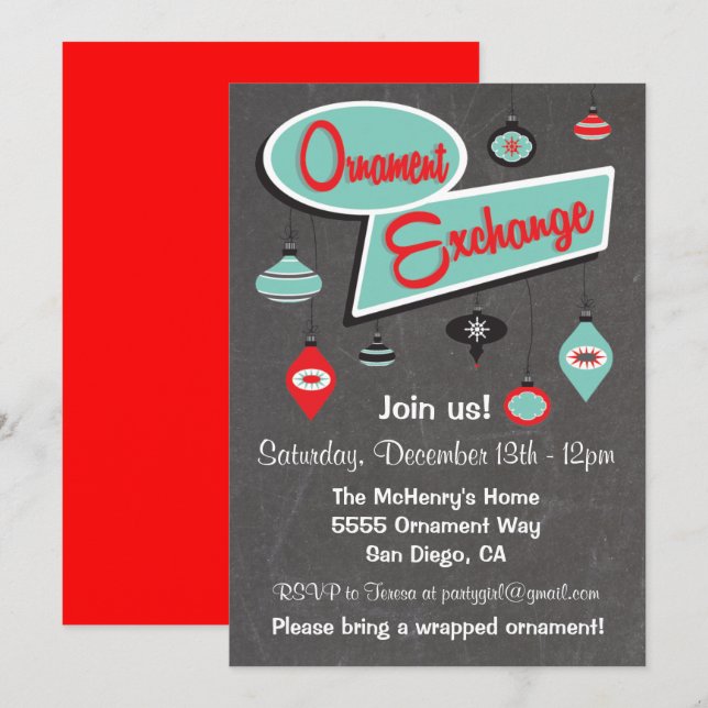 Retro Ornament Exchange Christmas Invitation (Front/Back)