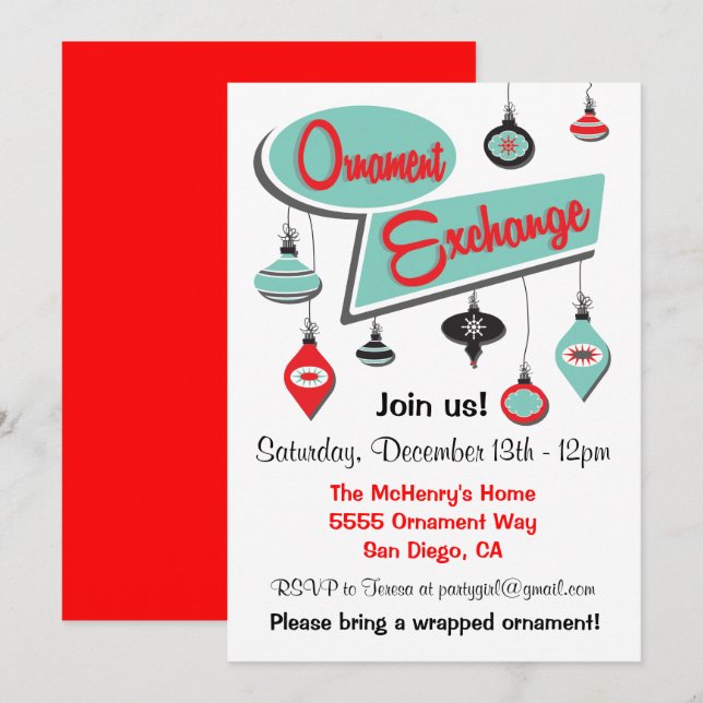 Retro Ornament Exchange Christmas Invitation (Front/Back)