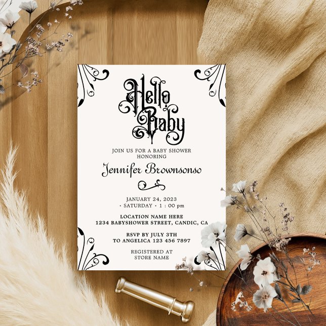 Retro Ornament Hello Baby Invitation (Creator Uploaded)