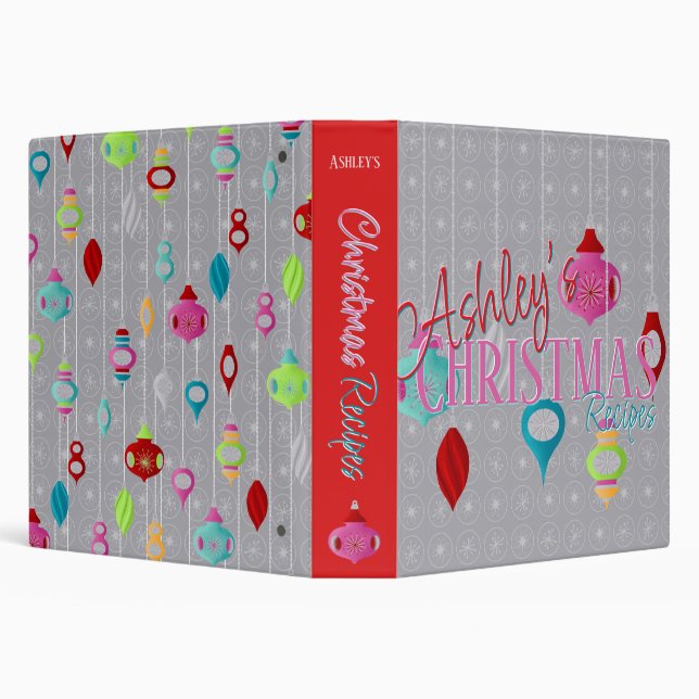 Retro Ornaments Grey Christmas Recipe 3 Ring Binder (Background)