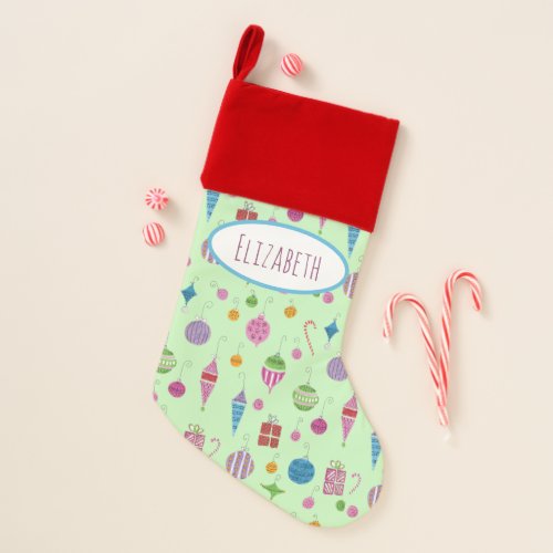Retro Ornaments Hand_Drawn Personalized Mint Green Christmas Stocking
