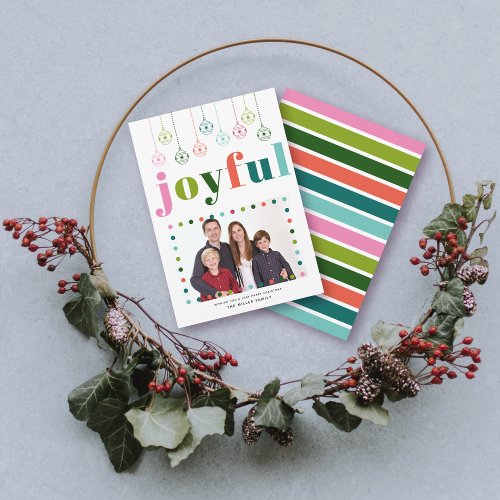 Retro ornaments Joyful typography Christmas photo Holiday Card