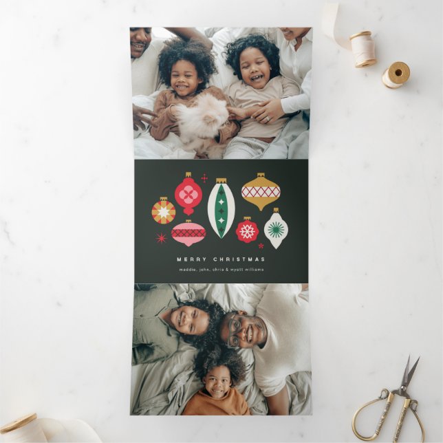 Retro Ornaments - Merry Christmas Tri-Fold Holiday Card (Inside)