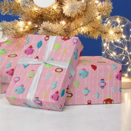 Retro Ornaments Pink Christmas Wrapping Paper