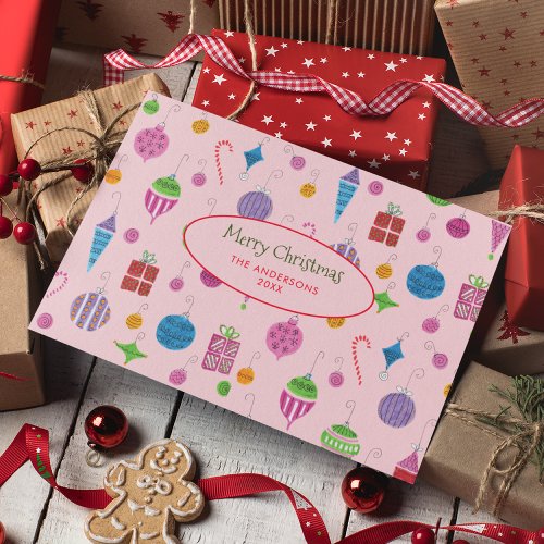 Retro Ornaments Pretty Hand_Drawn Pink Christmas Holiday Card