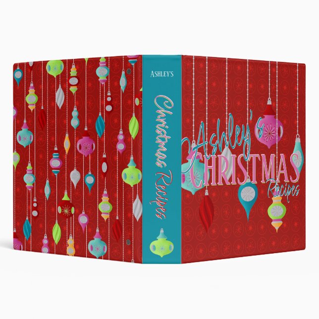 Retro Ornaments Red Christmas Recipe 3 Ring Binder (Background)