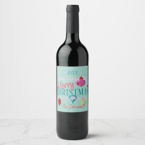 Retro Ornaments Teal Merry Christmas Wine Label