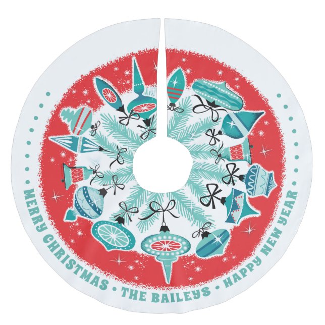 Retro Ornaments Tree Skirt with Custom Name (Front)