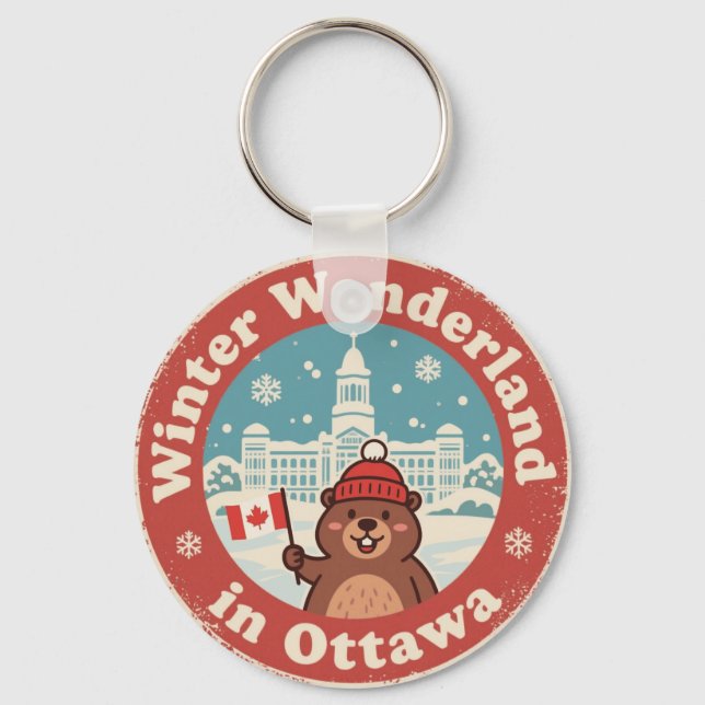 Retro Ottawa Beaver Winter Fun Keychain (Front)
