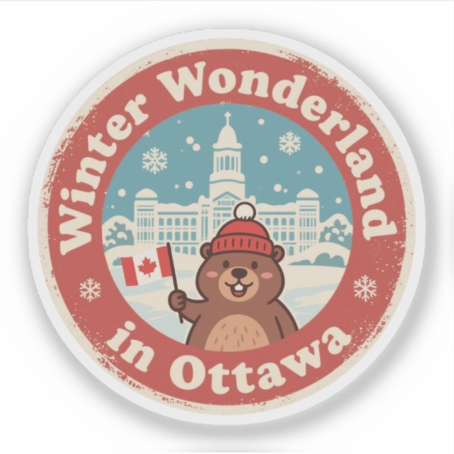 Retro Ottawa Beaver Winter Fun Sticker (Front)