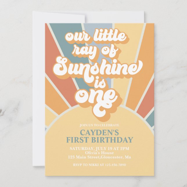 Retro Our Little Sunshine Boy First Birthday Invit Invitation (Front)