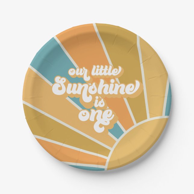 Retro Our Little Sunshine Boy First Birthday Paper Plates (Front)