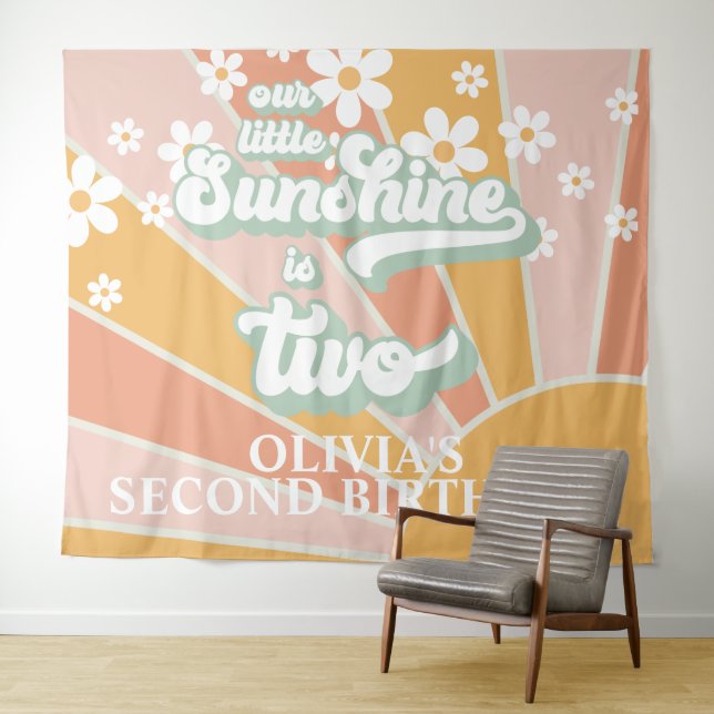 Retro Our Little Sunshine Daisy Birthday Banner Ta Tapestry (In Situ (Horizontal))