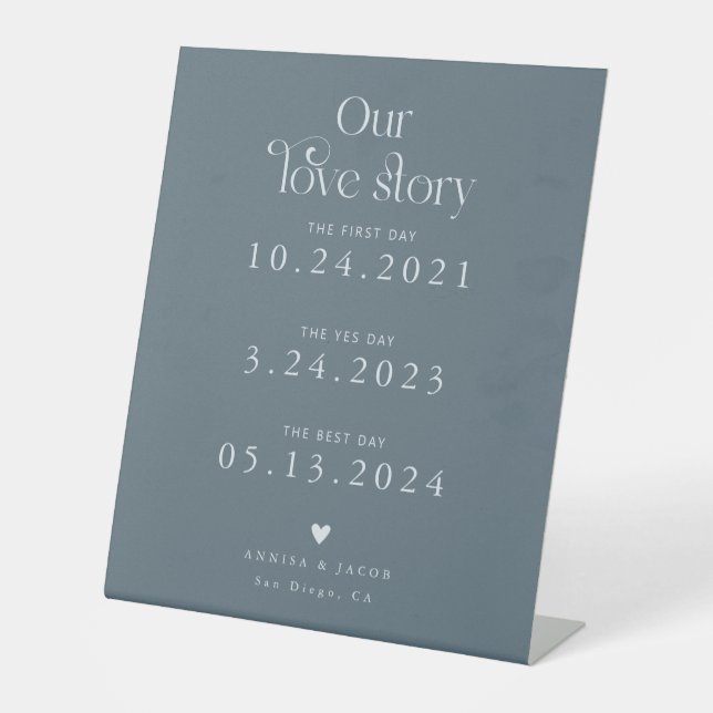 Retro Our Love Story Steel Blue Wedding Timeline Pedestal Sign (Front)