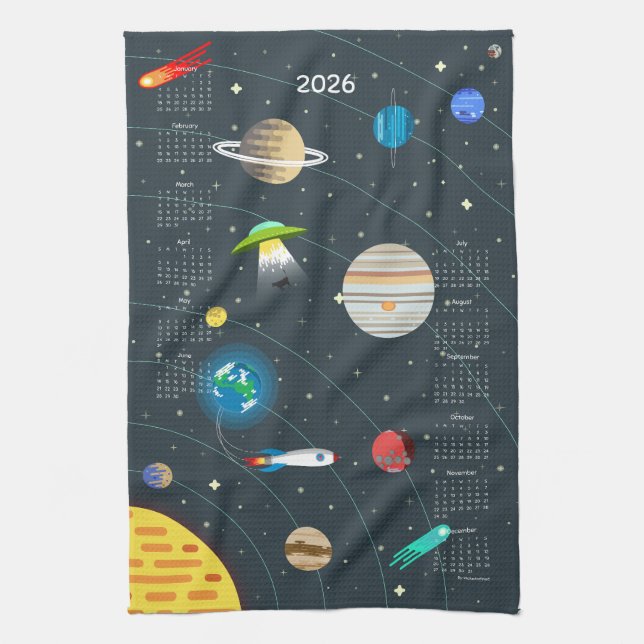Retro Outer Space 2026 Calendar Kitchen Towel (Vertical)