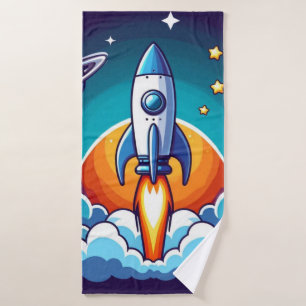 Retro, outer space rocket bath towel