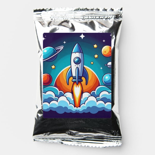 Retro, outer space rocket coffee drink mix (Front)